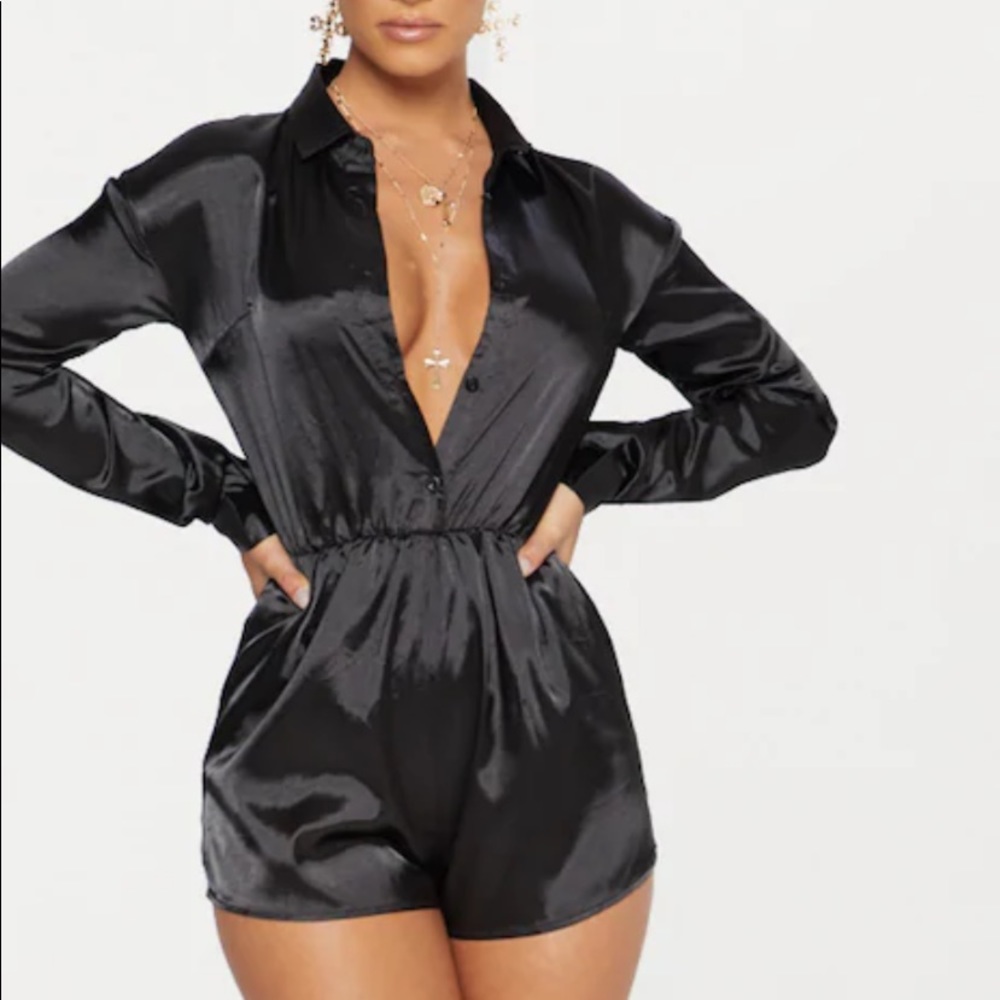 Black satin shirt play suit